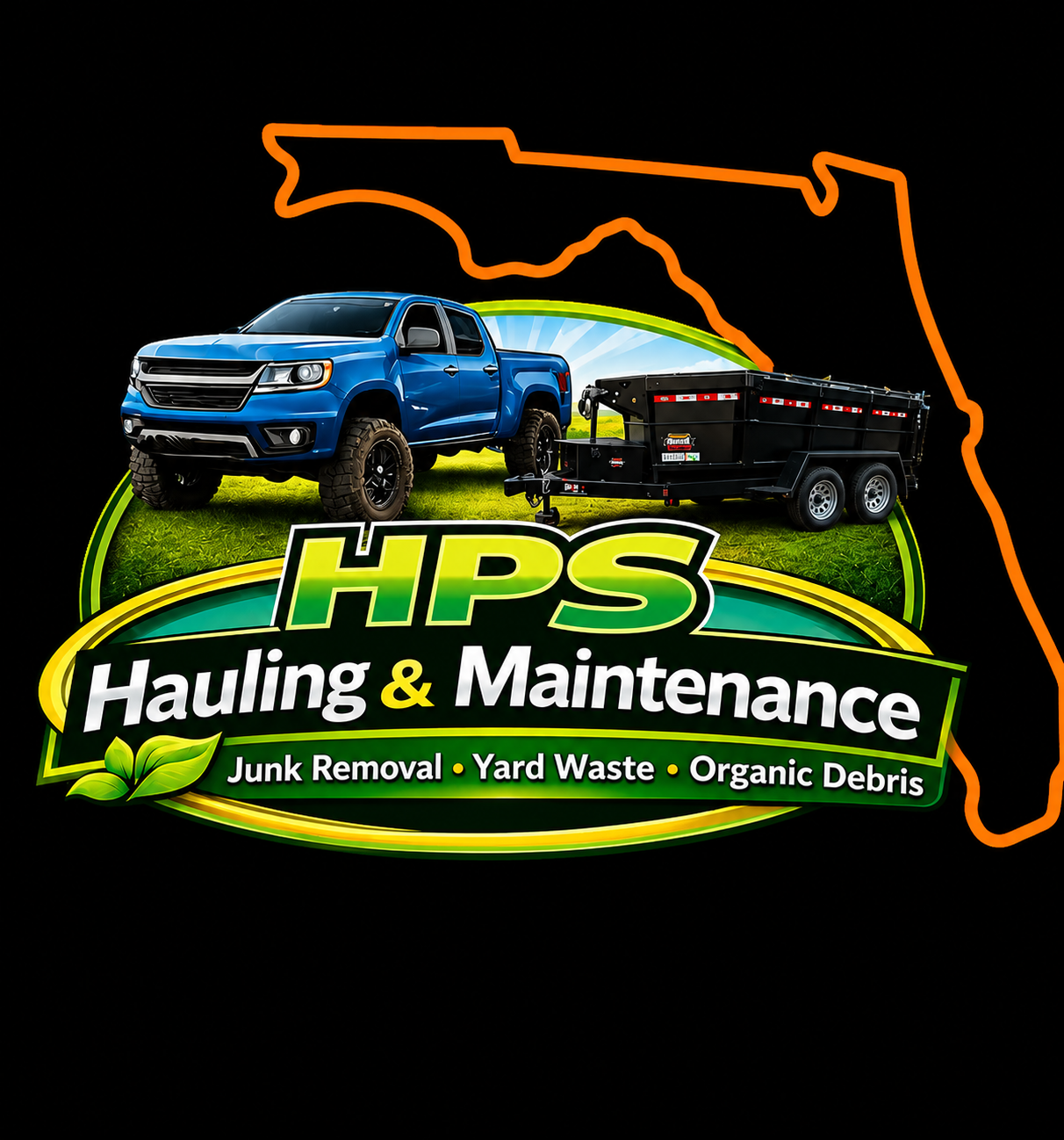 HPS Hauling & Maintenance logo with blue truck, dump trailer and Florida outline